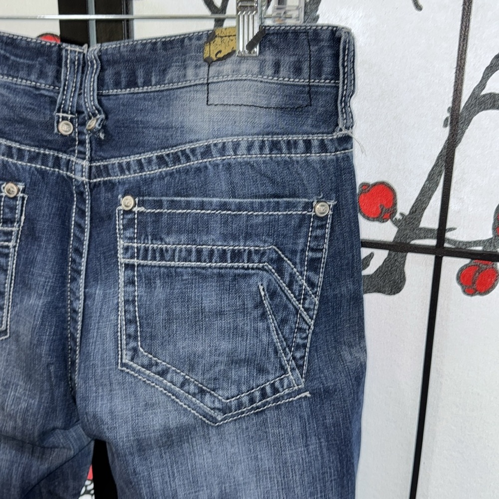 Buckle Salvage Supply 33x32  Mens Distressed Flare Leg Denim Jeans - Picture 13 of 14
